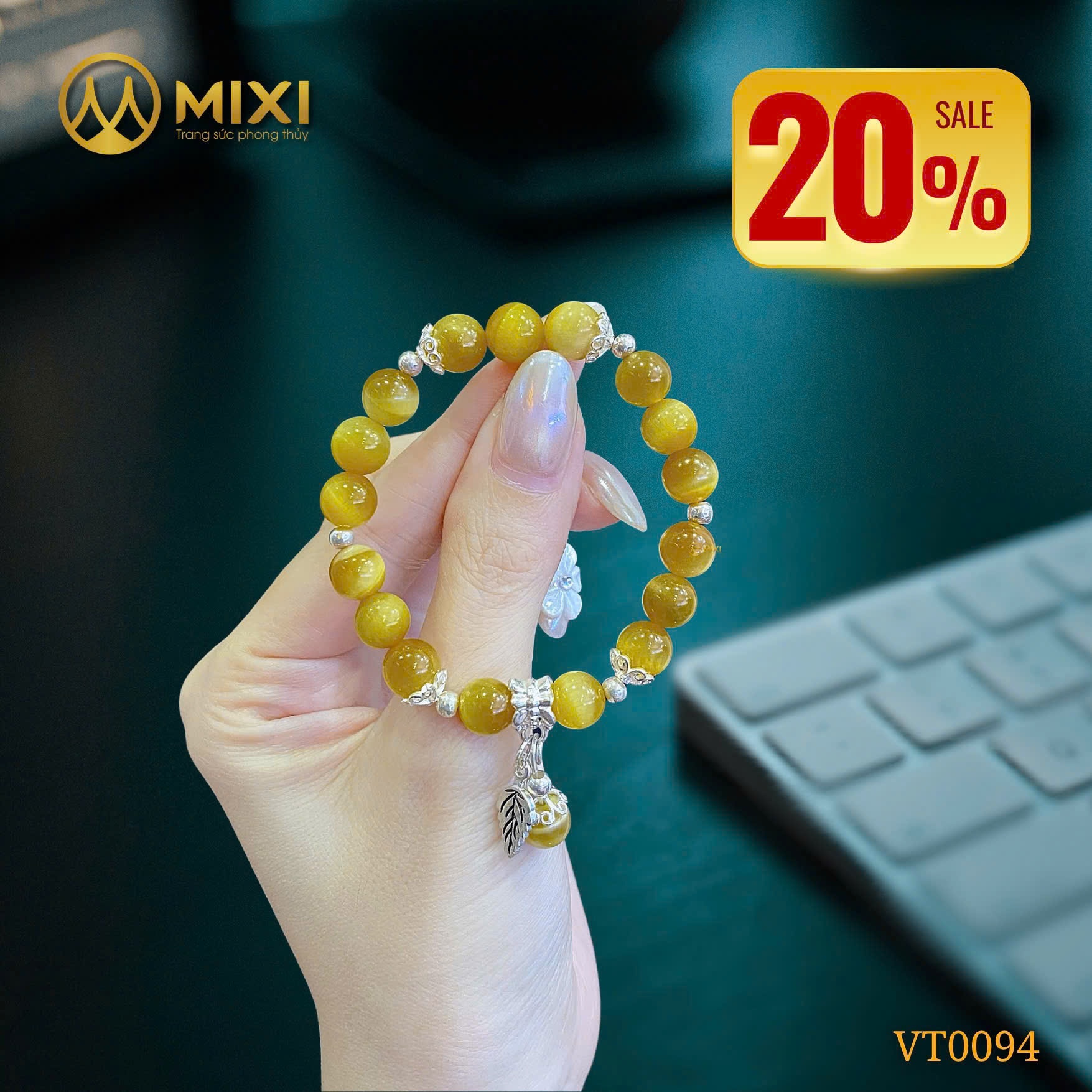 Vòng Tay Đá Mắt Hổ Vàng Tươi 2A 8 Ly Mix Charm Bạc Thái Lá Phong Đơn – Năng Lượng Rạng Rỡ, Khởi Nguồn Sự Tự Tin