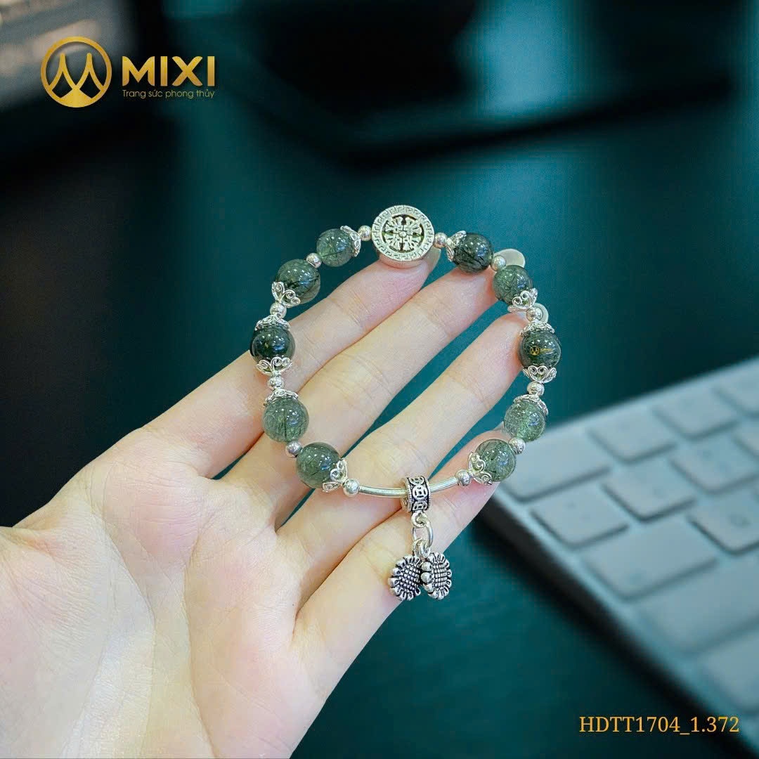 Vòng Tay Thạch Anh Tóc Xanh Mix Charm Bạc Hoa Hướng Dương Đôi – Năng Lượng Tươi Mới, Tự Tin Tỏa Sáng