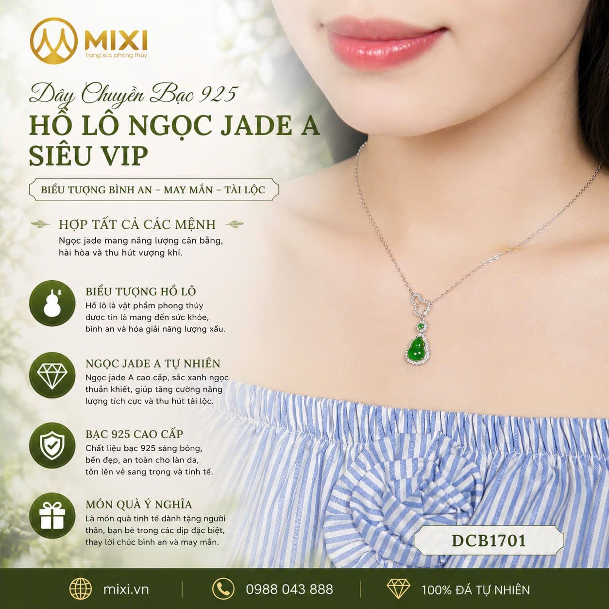 Dây Chuyền Bạc 925 Hồ Lô Ngọc Jade A Siêu VIP – Thanh Khiết Cao Sang, Biểu Tượng Bình An