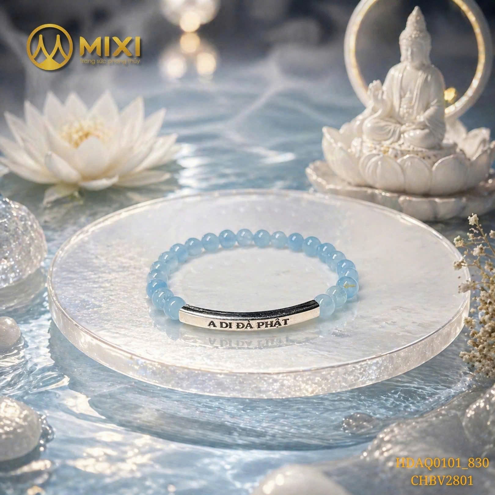 Vòng Tay Aquamarine Mix Charm Bạc A Di Đà Phật – Thanh Lọc Tâm Hồn, Bình An Tự Tại