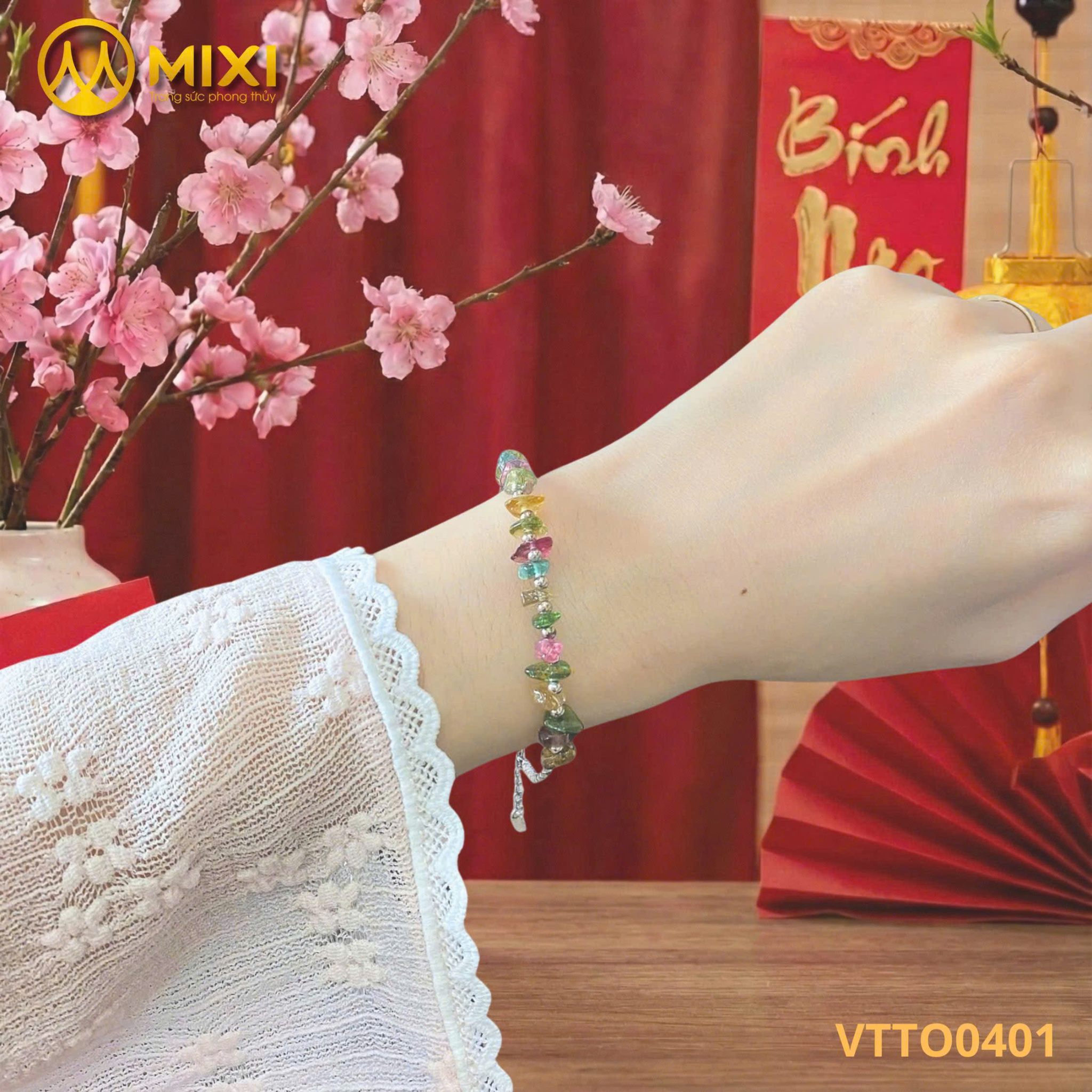 VÒNG TAY TOURMALINE MIX BẠC DẸT: 