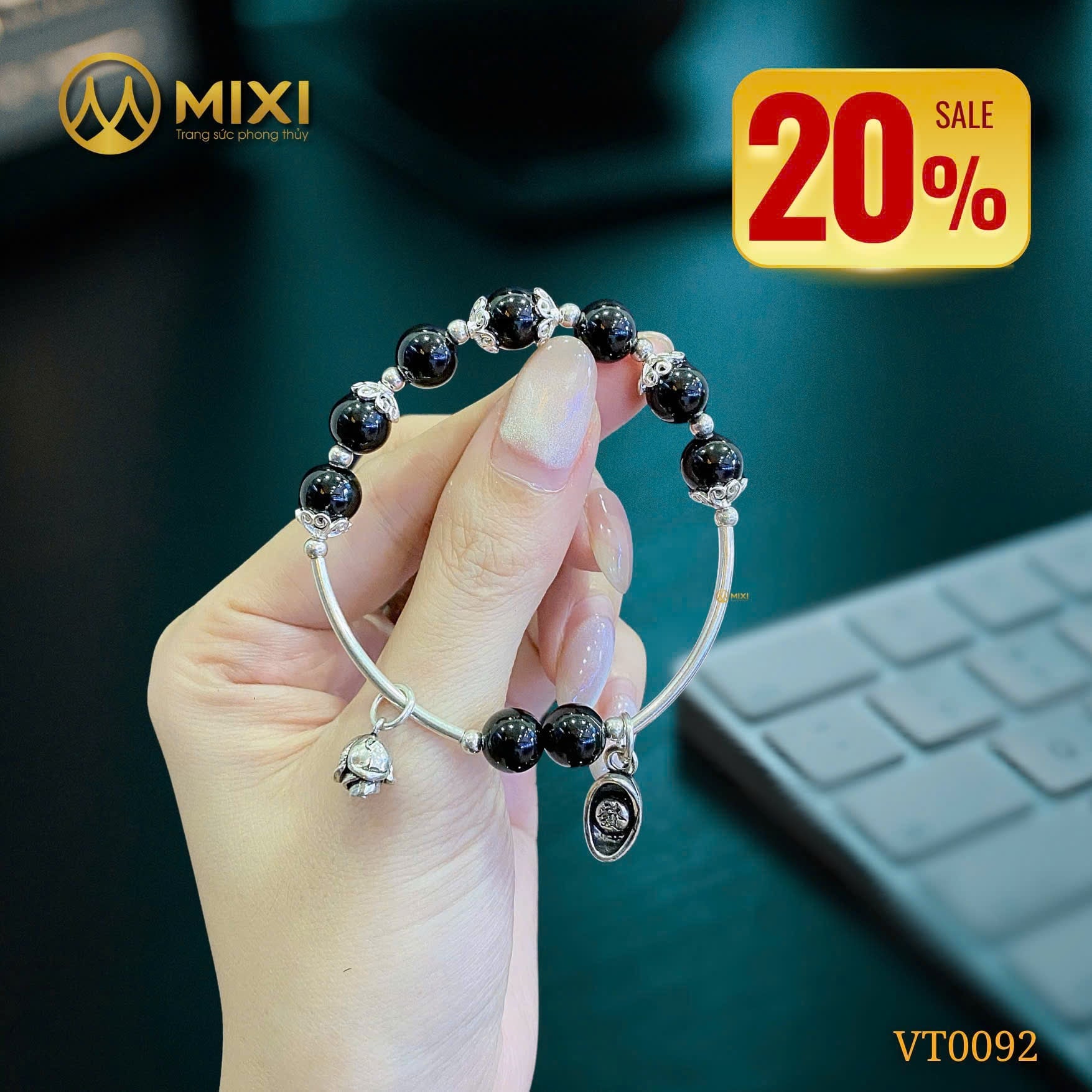 Vòng Tay Đá Núi Lửa 8 Ly Mix Charm Bạc Thái Nụ Hồng & Thỏi Vàng – Nét Bí Ẩn Kiêu Kỳ, Khởi Nguồn Vượng Khí