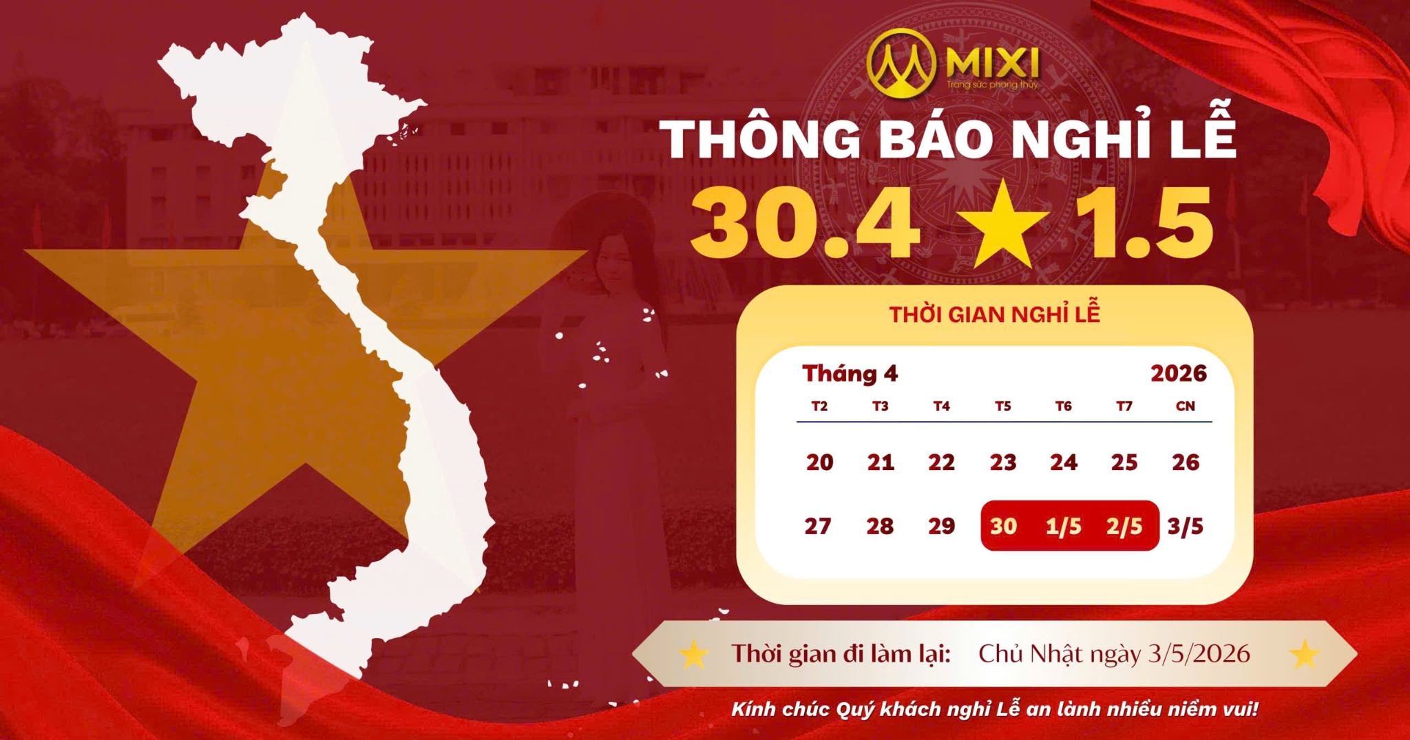 📣THÔNG BÁO LỊCH NGHỈ LỄ 30/4 - 1/5/2026 📣