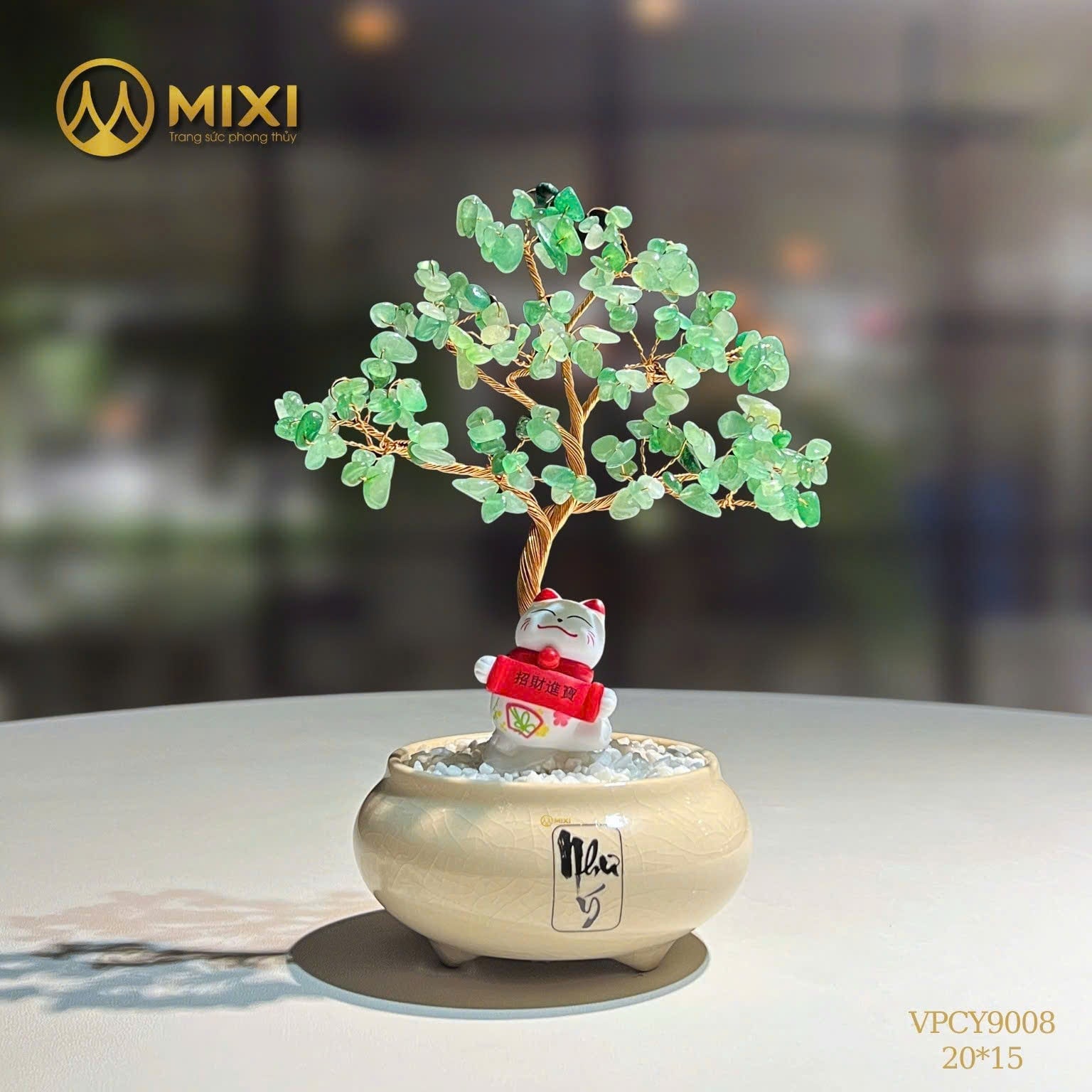 CÂY TÀI LỘC THẠCH ANH XANH CHẬU MEN CHỮ 