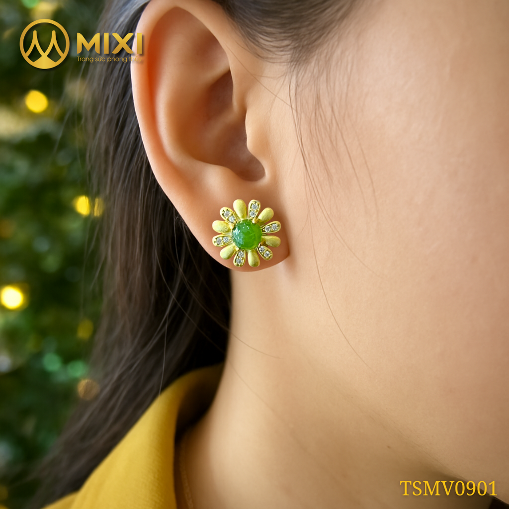 ĐÔI HOA TAI HOA CÚC HỌA MI NGỌC BÍCH NEPHRITE MẠ VÀNG – NÉT DUYÊN THANH KHIẾT CHO NÀNG TINH TẾ