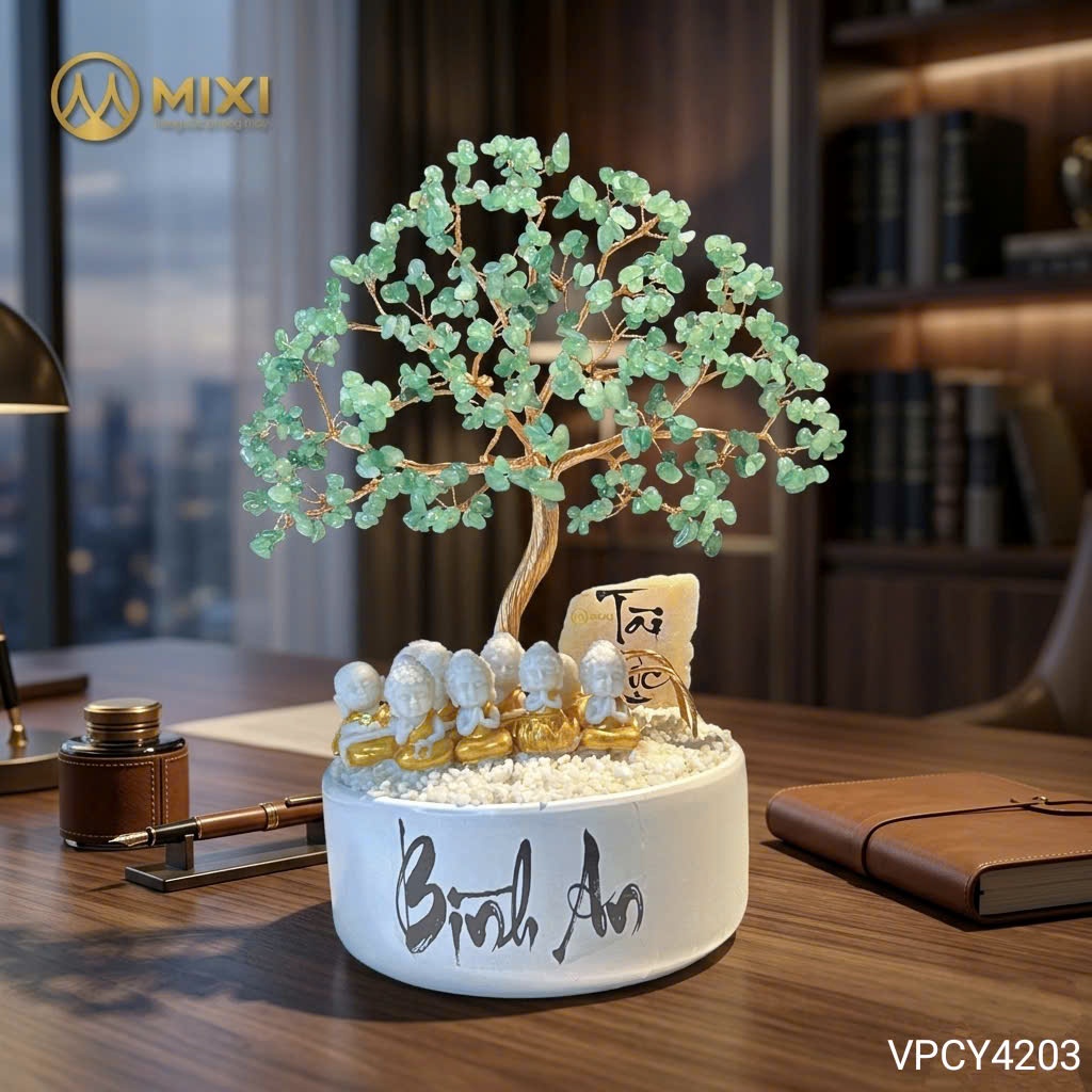 Cây Tài Lộc Hũ Tròn Chữ Bình An Thạch Anh Xanh Tự Nhiên – Vượng Khí Sinh Tài, Gia Đạo An Yên