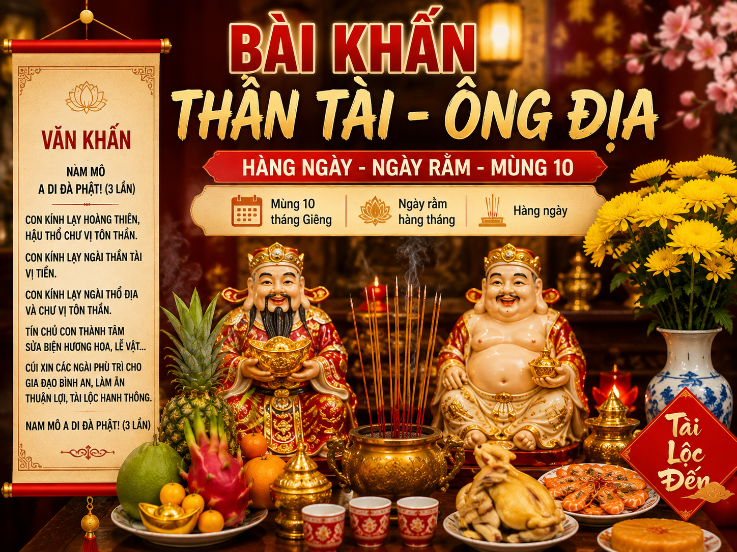 Bài khấn Thần Tài Ông Địa hàng ngày, ngày rằm, mùng 10 đầy đủ