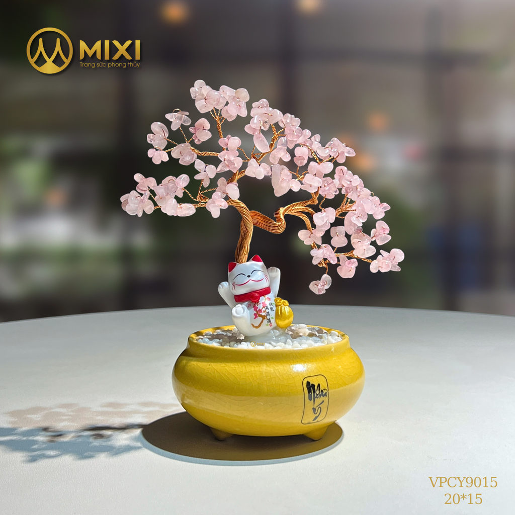 Cây Tài Lộc Bonsai Chậu Men Chữ Như Ý Thạch Anh Hồng Tự Nhiên – Vượng Khí Hanh Thông, Gia Đạo Viên Mãn