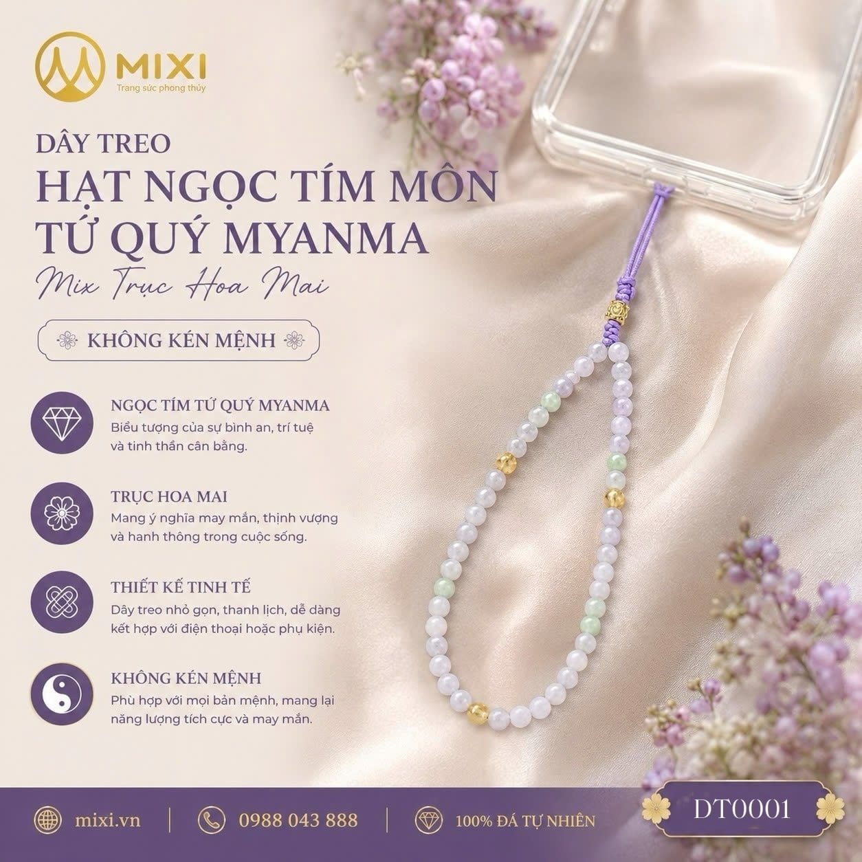 Dây Treo Hạt Ngọc Tím Môn Tứ Quý Myanma Mix Trục Hoa Mai Mạ Vàng – Sắc Tím Vương Giả, Kết Nối Tinh Hoa