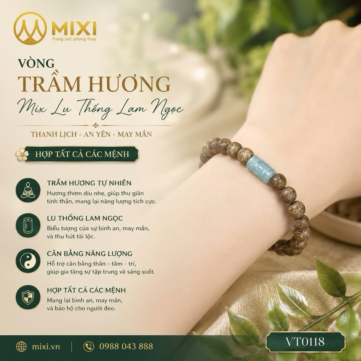 Vòng Tay Gỗ Trầm Hương Mix Lu Thống Ngọc Jade Hoa Bay Khắc Hoa Văn – Khí Chất Thanh Cao, Luân Chuyển Vượng Khí