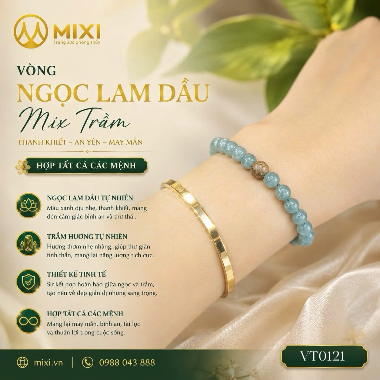 Vòng Tay Ngọc Lam Dầu 2A Mix Hạt Gỗ Trầm Hương – Vẻ Đẹp Thanh Khiết, Cân Bằng Cảm Xúc