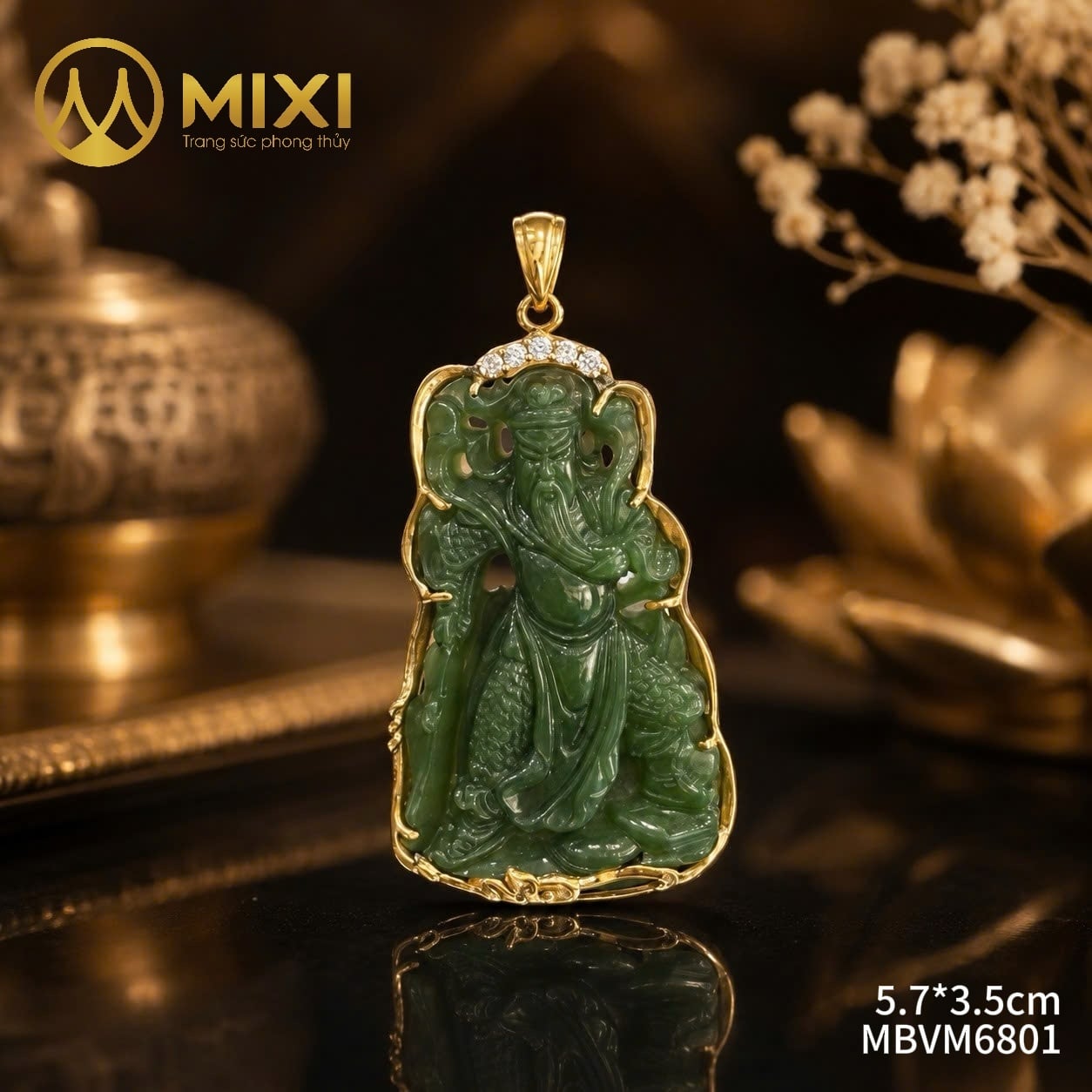 Mặt Dây Quan Công Ngọc Bích Nephrite 2A Bọc Vàng 10K Sủi Đá – Uy Nghi Bảo Hộ, Gia Tăng Tài Lộc