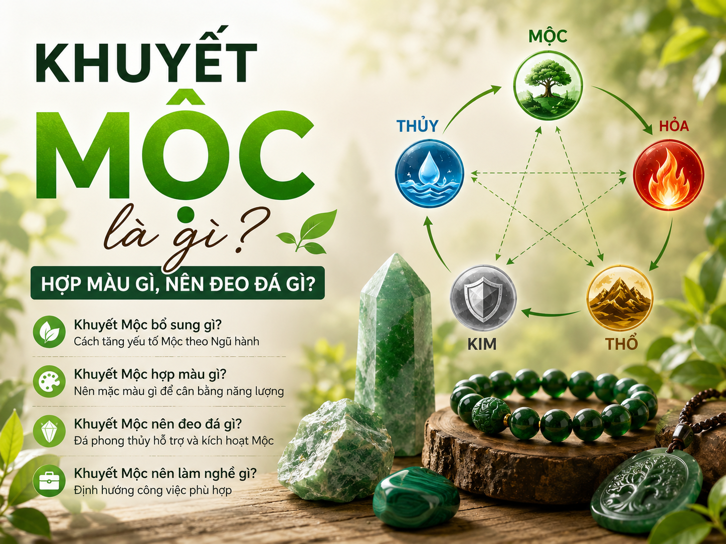 Khuyết Mộc là gì, hợp màu nào, nghề nghiệp và đá phong thủy nên đeo