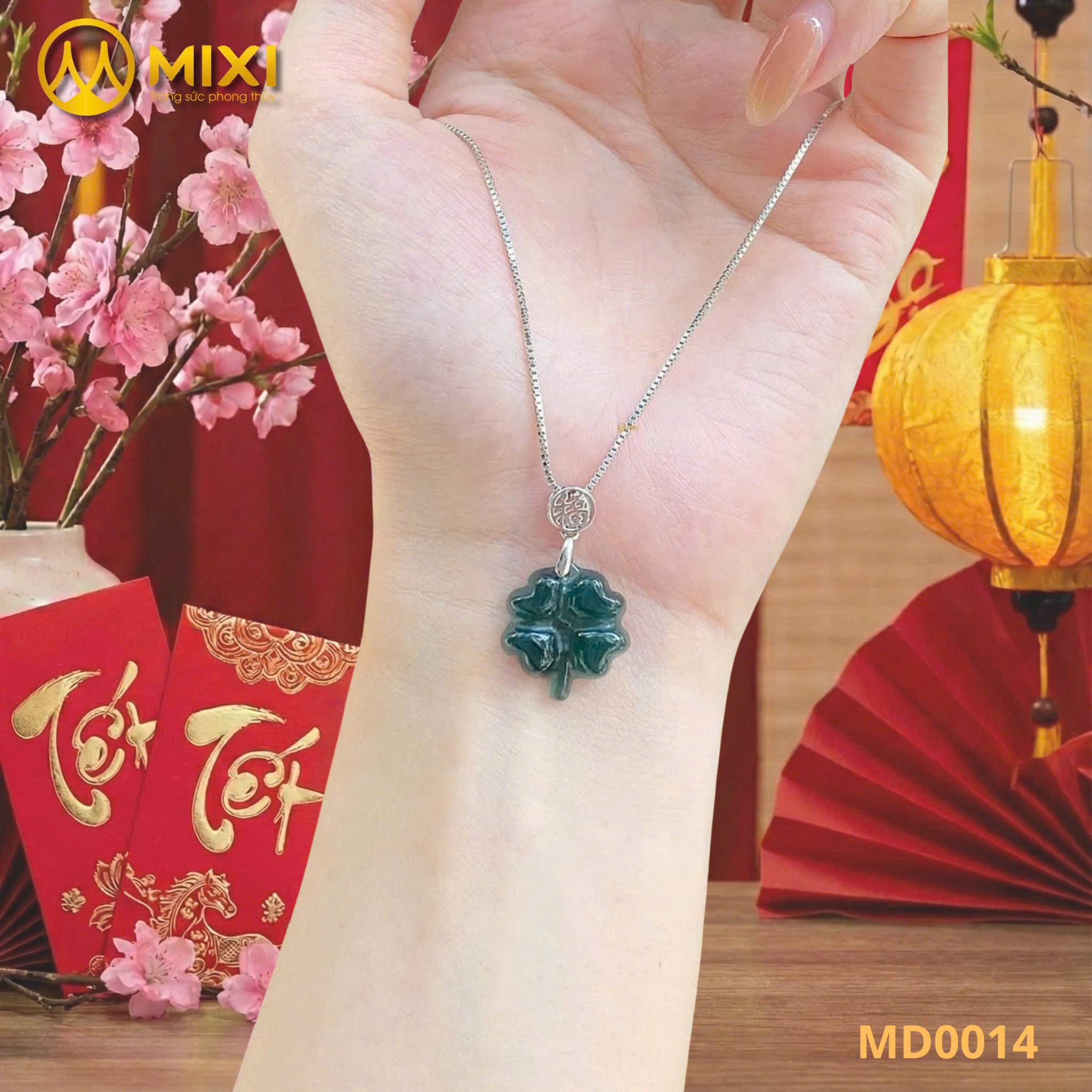 MẶT DÂY CỎ 4 LÁ LAM NGỌC MÓC BẠC CHỮ 