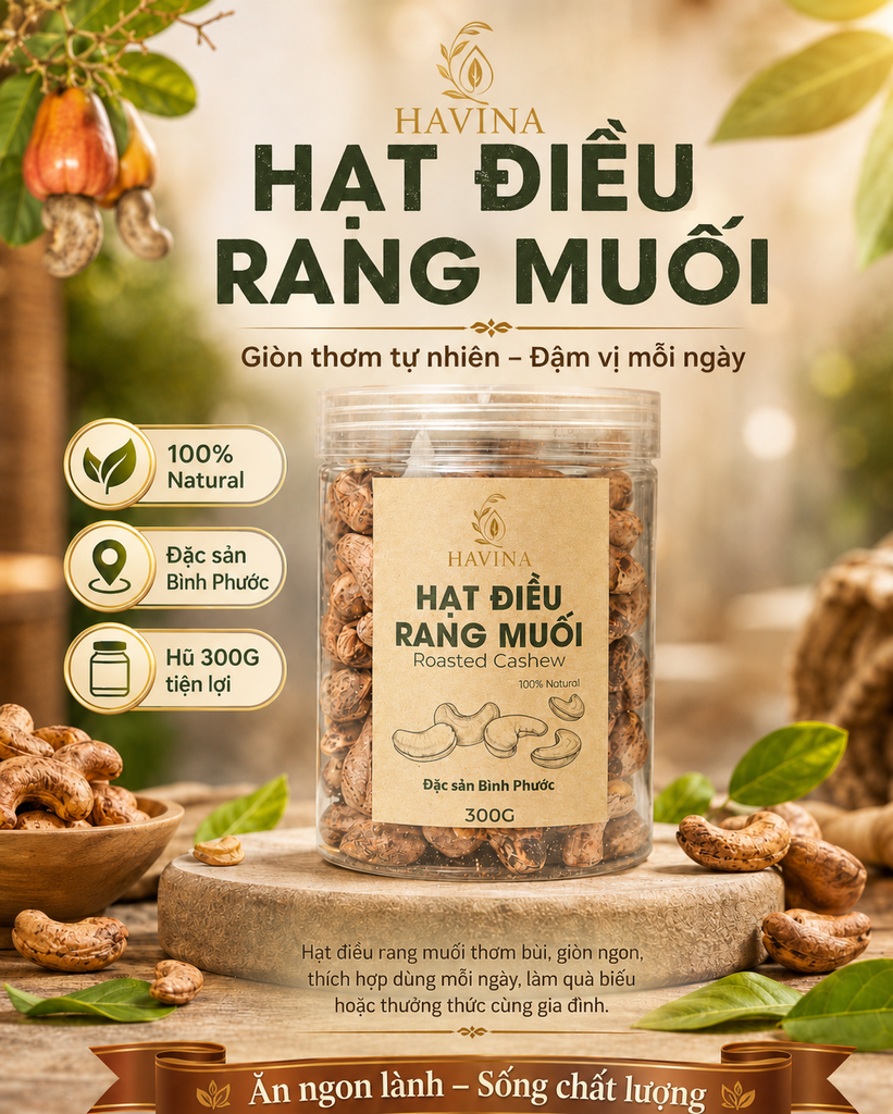 Hạt Điều Rang Muối HAVINA – Giòn Thơm Tự Nhiên, Đậm Vị Đặc Sản Bình Phước