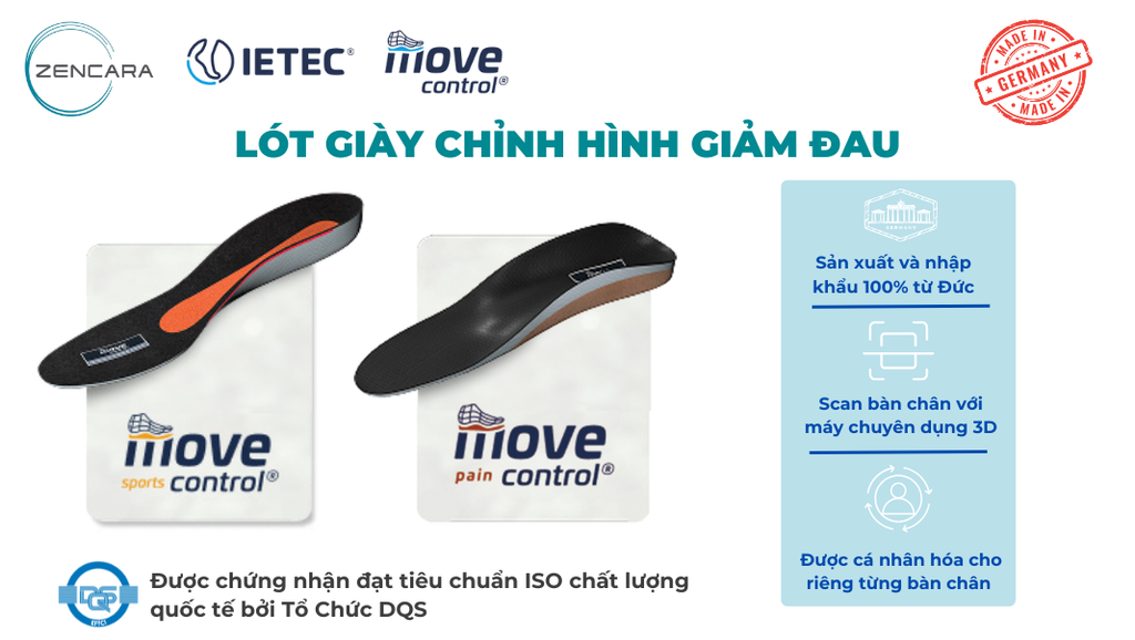 Lót giày chỉnh hình y khoa Zencara, được cá nhân hóa 100% theo từng bàn chân, chuẩn y khoa công nghệ Đức, đạt tiêu chuẩn quốc tế ISO do Tổ chức DQS chứng nhận