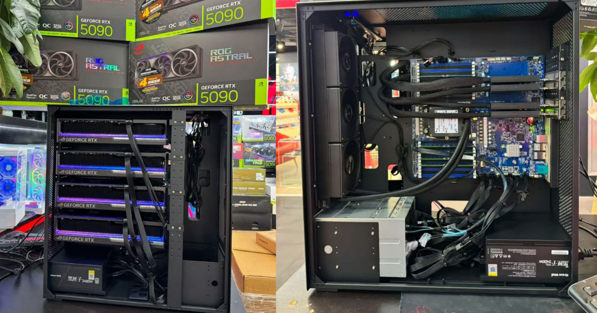 Dàn PC 4× RTX 5090 và 2 PSU 2400W: không phải để chơi game, mà để thử thách… cả hệ thống điện