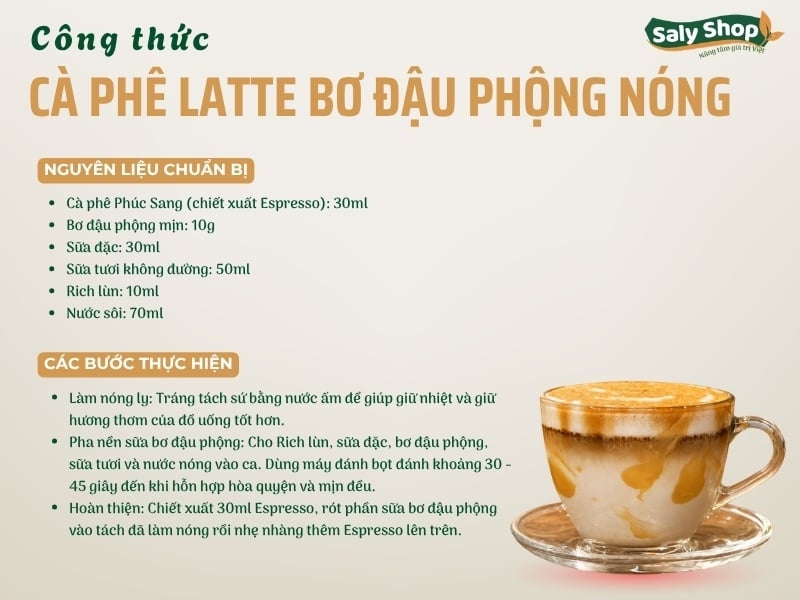 Cách làm cà phê latte bơ đậu phộng nóng thơm béo, chuẩn vị