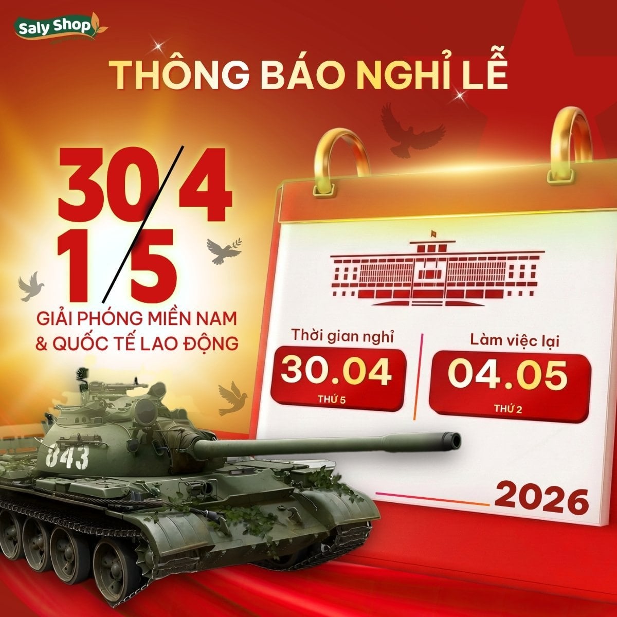 Thông báo lịch nghỉ lễ Ngày Giải phóng miền Nam Thống nhất đất nước (30/4) & Ngày quốc tế lao động (01/05)