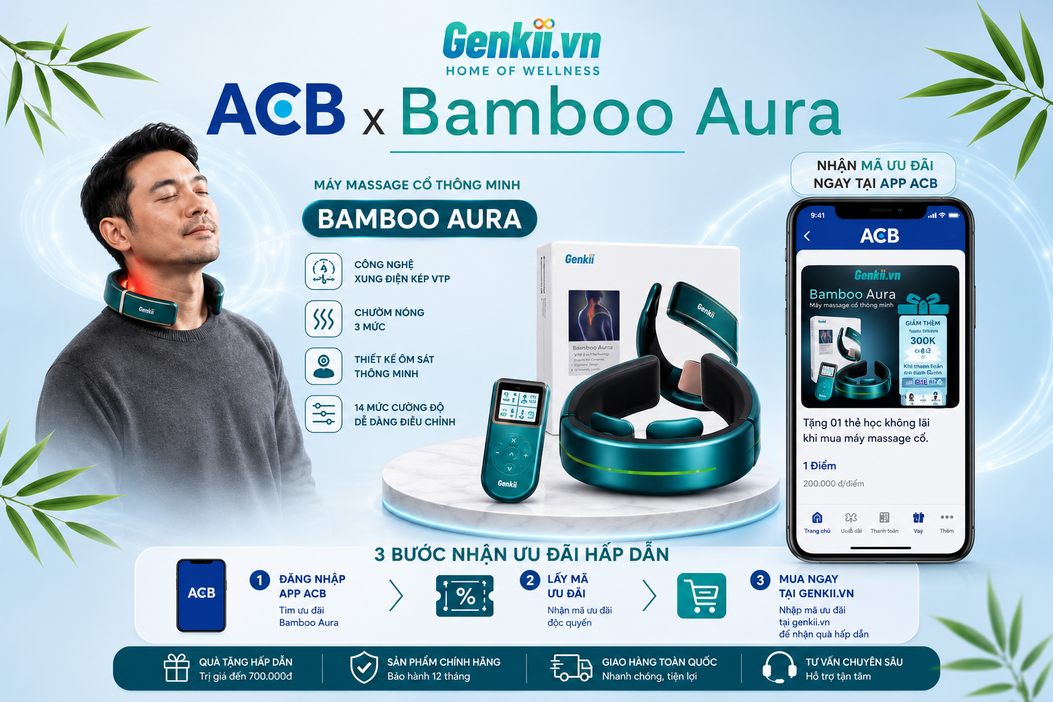 [ Số lượng có hạn ] ACB x Genkii: Ưu Đãi Đặc Quyền Cho Máy Massage Cổ Bamboo Aura