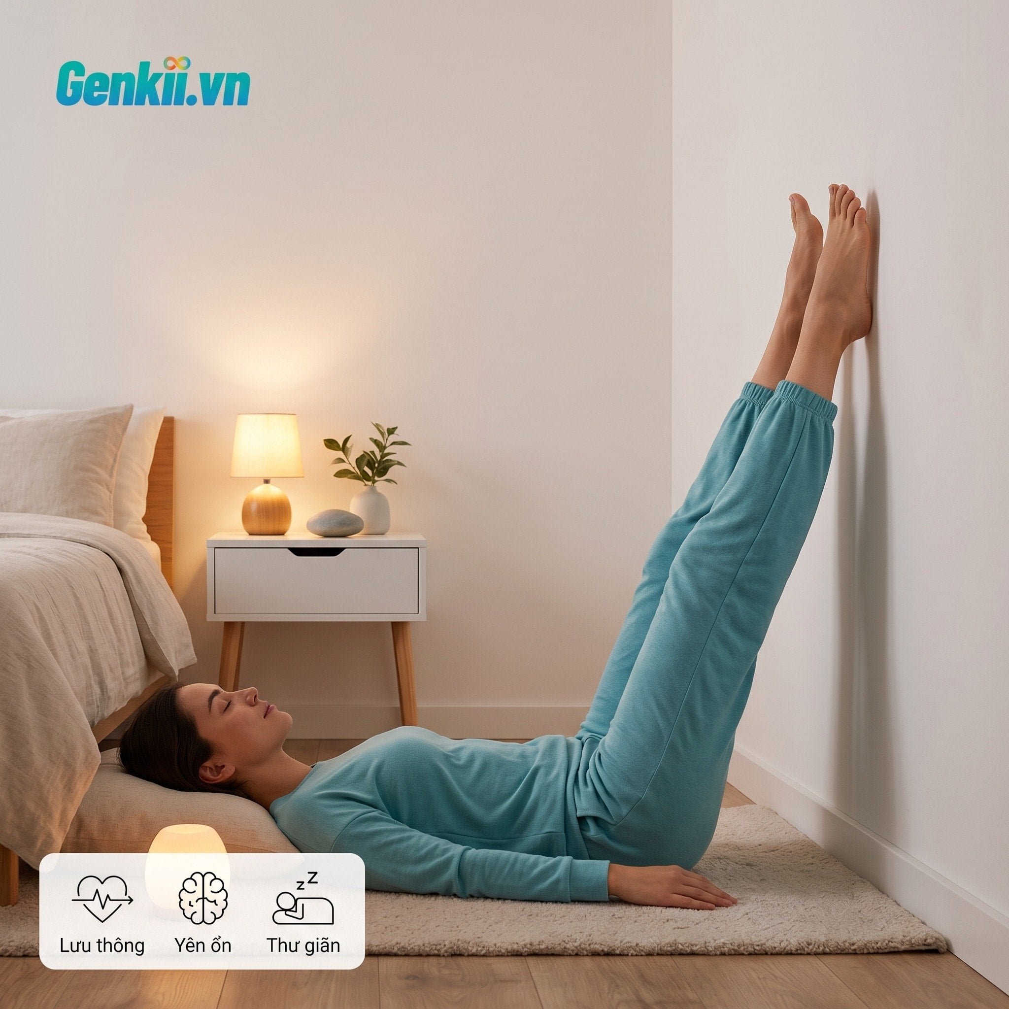 Gác chân lên tường – Khí huyết lưu thông, tâm thần yên ổn.