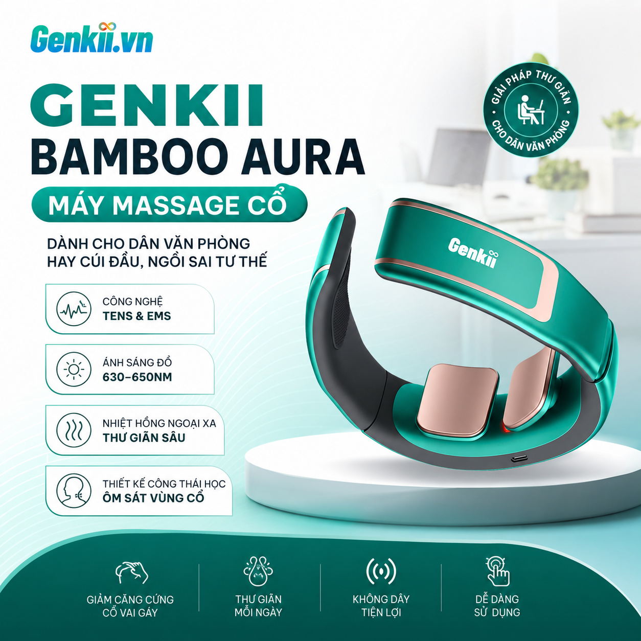 Genkii Bamboo Aura – Máy Massage Cổ Dành Cho Dân Văn Phòng Hay Cúi Đầu, Ngồi Sai Tư Thế.