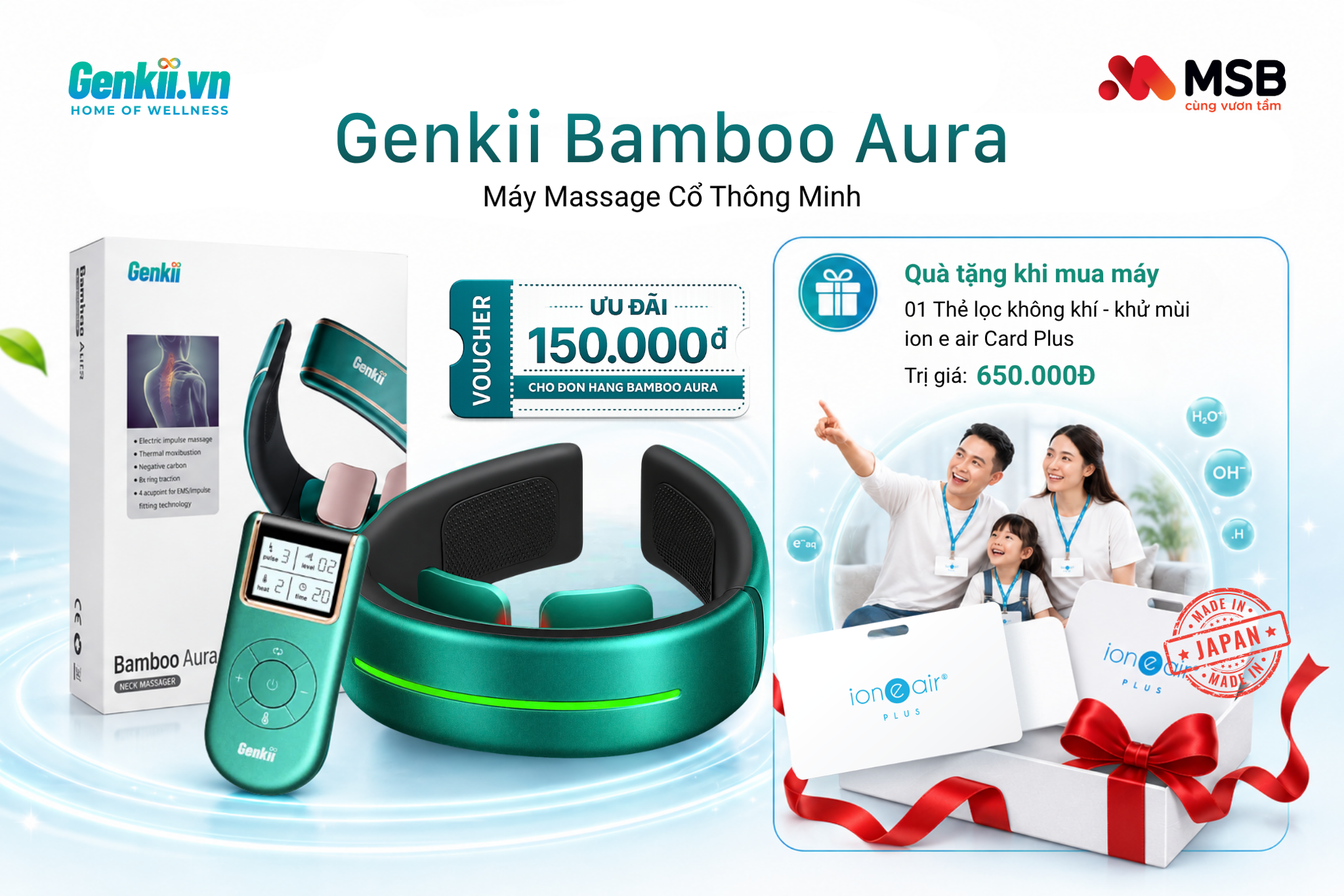 [Số lượng có hạn] MSB x Genkii: Ưu Đãi Đặc Quyền Cho Máy Massage Cổ Bamboo Aura và Thẻ Lọc Không Khí ion e air Card Plus
