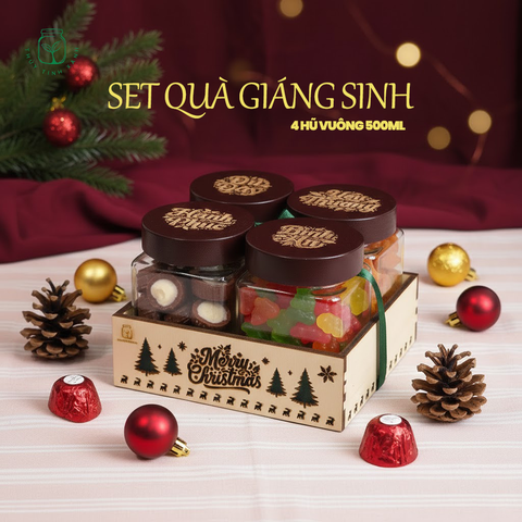 Set Quà Giáng Sinh 4 Hũ Vuông Khắc Sẵn Kèm Khay – Sang Trọng & Đong Đầy Ý Nghĩa