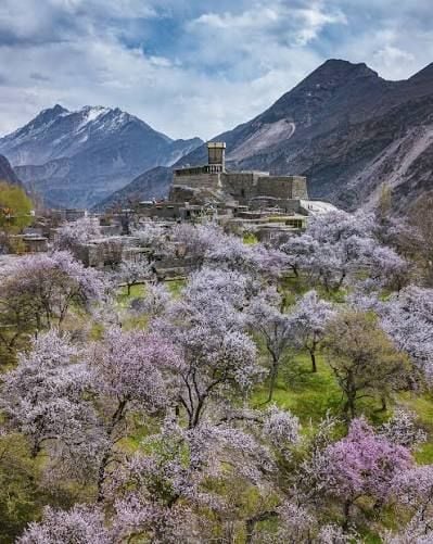 Pháo đài Altit giữa thung lũng Hunza Pakistan mùa xuân