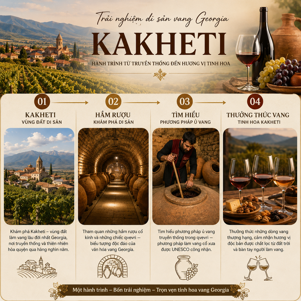 Kakheti → hầm rượu → tìm hiểu phương pháp ủ vang → thưởng thức vang.