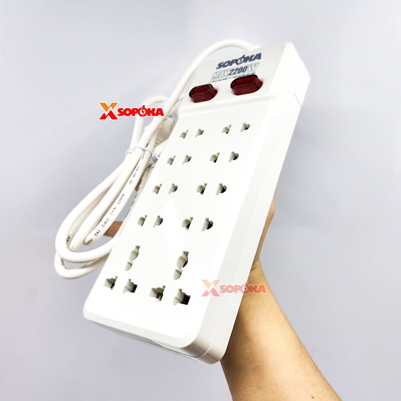 Ổ Cắm Điện 10 Lỗ Có Dây 2200W Lõi Sứ Chịu Nhiệt 10Y SOPOKA