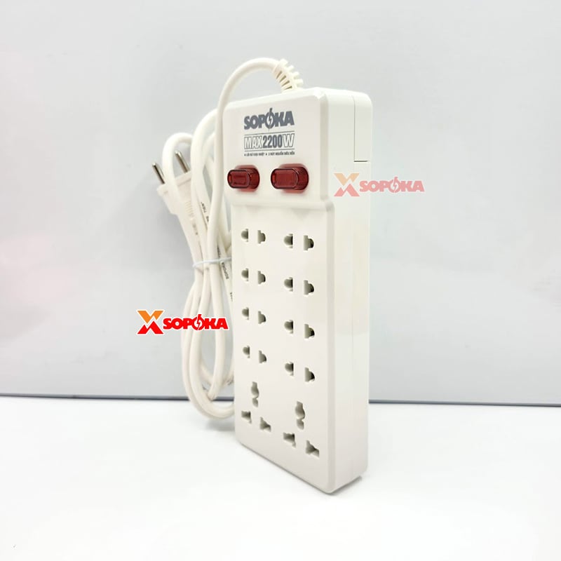 Ổ Cắm Điện 10 Lỗ Có Dây 2200W Lõi Sứ Chịu Nhiệt 10Y SOPOKA