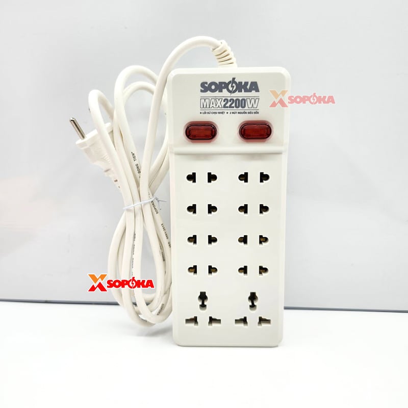 Ổ Cắm Điện 10 Lỗ Có Dây 2200W Lõi Sứ Chịu Nhiệt 10Y SOPOKA