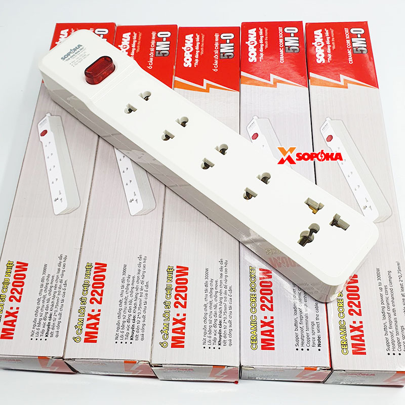 Ổ Cắm Điện 5 Lỗ 2200W Lõi Sứ Không Dây Có Công Tắc 5M-0 SOPOKA