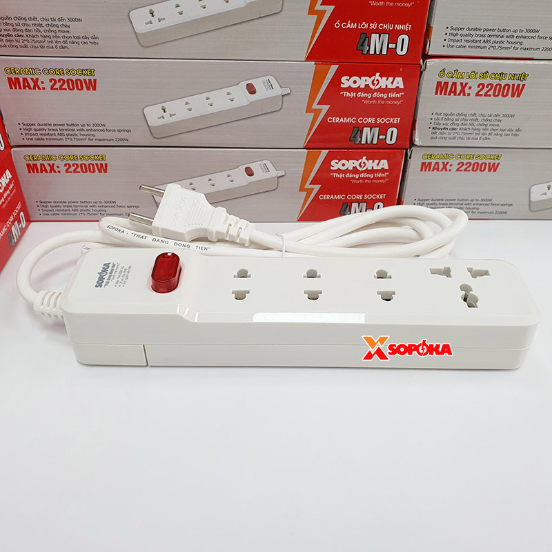 Ổ Cắm Điện 4 Lỗ 2200W Lõi Sứ Có Dây Và Công Tắc 4M2 SOPOKA