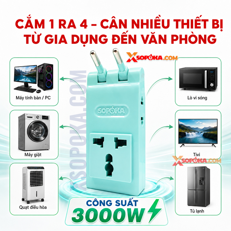Ổ Chia Điện 4 Lỗ Dẹp Cổ Xoay 3000W 13A R4X-3000W SOPOKA