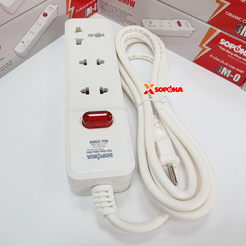 Ổ Cắm Điện 3 Lỗ 2200W Lõi Sứ Có Dây Và Công Tắc 3M2 SOPOKA