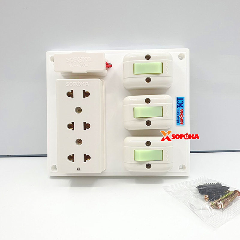 Bảng Điện Táp Lô 3 Công Tắc 3 Ổ Cắm Có Cầu Chì 3CT SOPOKA