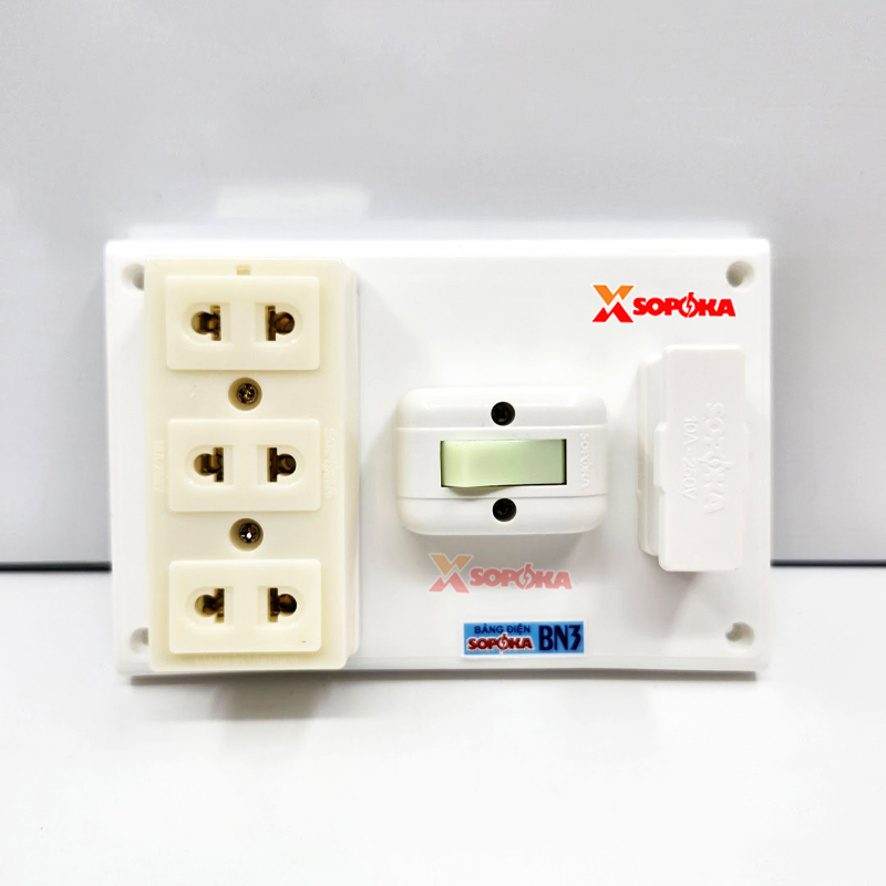 Bảng Điện Táp Lô 1 Công Tắc 3 Ổ Cắm Có Cầu Chì BN3 SOPOKA
