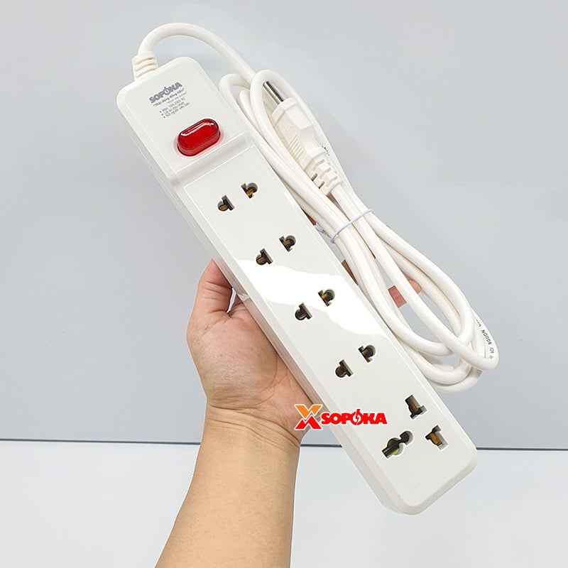 Ổ Cắm 5 Lỗ Lõi Sứ 2200W SOPOKA 5M2 – Có Dây, Công Tắc