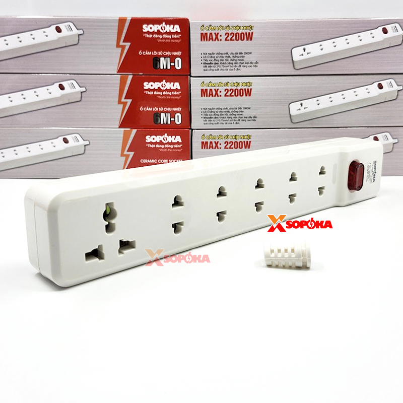 Ổ Cắm Điện 6 Lỗ 2200W Lõi Sứ Không Dây Có Công Tắc 6M-0 SOPOKA