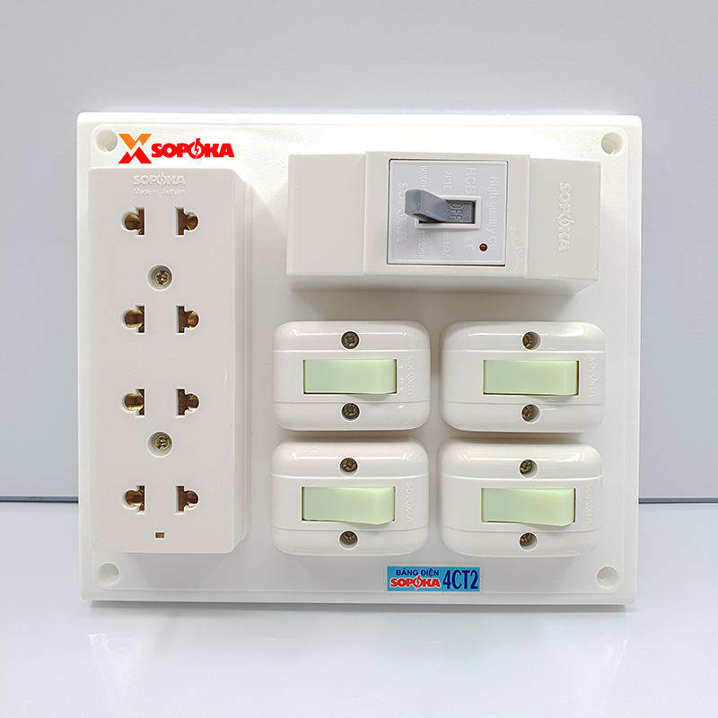 Bảng Điện 4 Công Tắc 3 Lỗ Cắm 1 CB Cóc 4CT2 SOPOKA