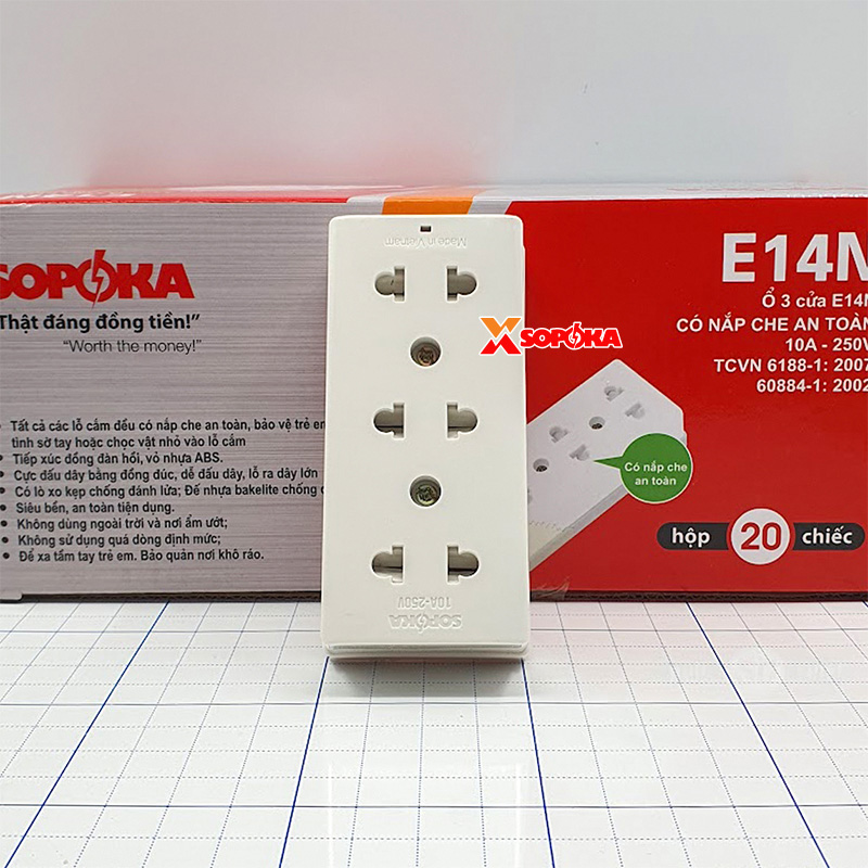 Ổ Cắm Điện Táp Lô 3 lỗ 2200W Có Nắm Che An Toàn E14N SOPOKA