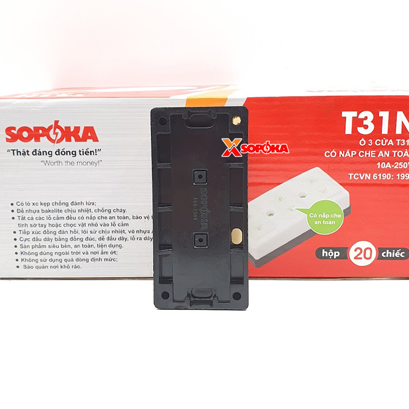 Ổ Cắm Điện 3 Lỗ Gắn Táp Lô Có Màn Che An Toàn T31N SOPOKA 2200W