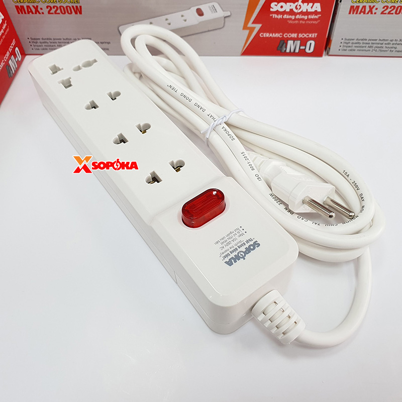 Ổ Cắm Điện 4 Lỗ 2200W Lõi Sứ Có Dây Và Công Tắc 4M2 SOPOKA