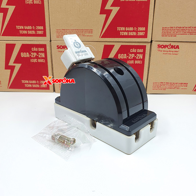 Cầu Dao Đảo Đế Sứ 1 Pha 60A 2P 600V 2N Cực Đúc Màu Đen D22(A) SOPOKA