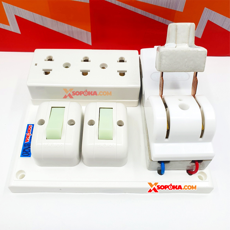 Bảng Điện 2 Công Tắc 3 Lỗ Cắm 1 Cầu Dao Sứ BN20 SOPOKA