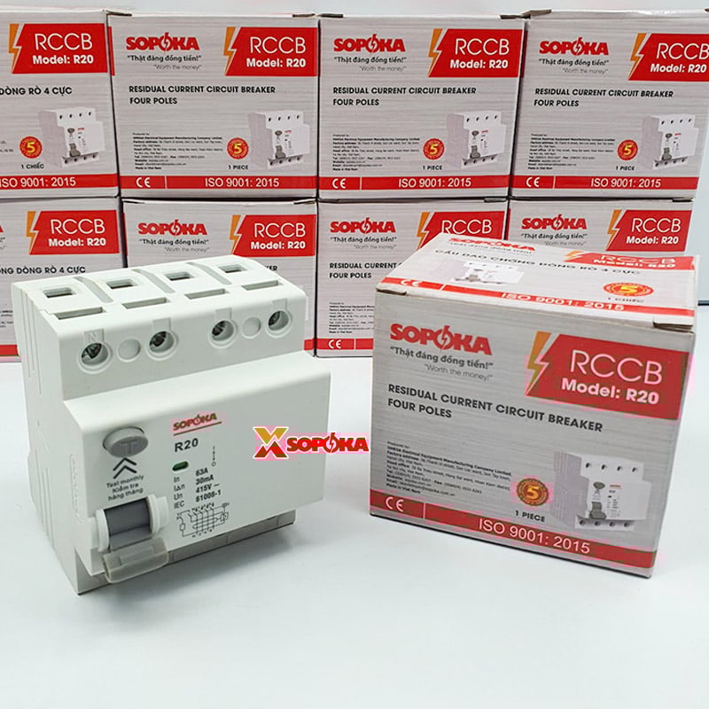 Aptomat Chống Giật 3 Pha 4 Cực RCCB 4P Chống Giật 63A 4P 30mA SOPOKA