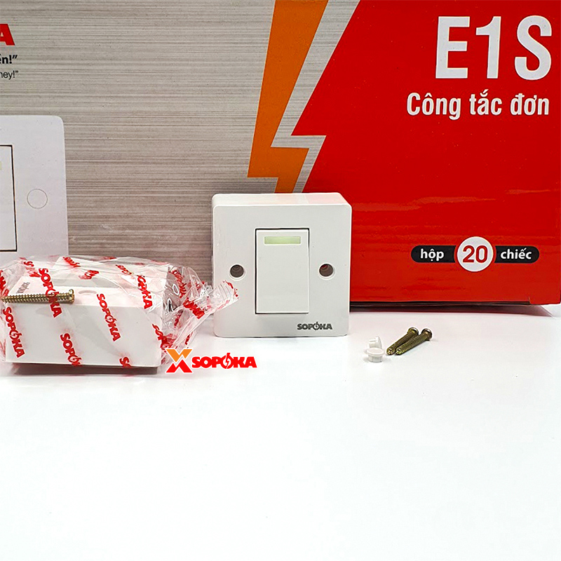Công Tắc Đơn SOPOKA E1S – Chống Cháy, Có Dạ Quang, 5A 220V