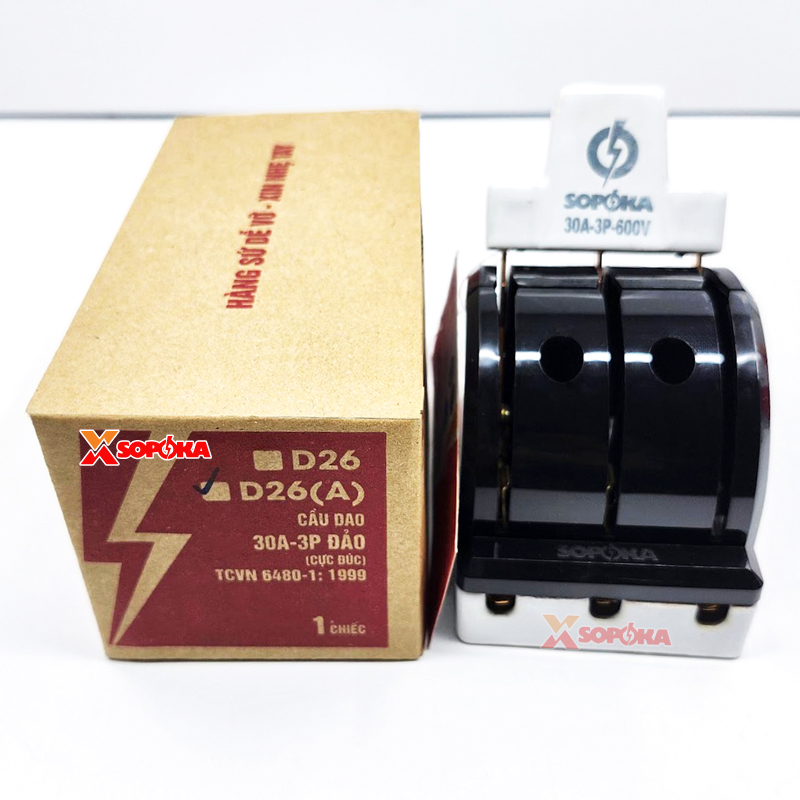 Cầu Dao Đảo Đế Sứ 3 Pha 30A 3P 2N 250V Cực Đúc Màu Đen D26A SOPOKA